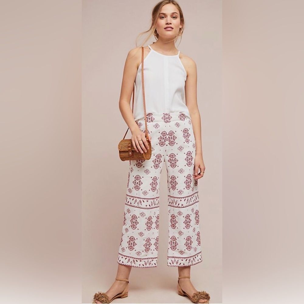 NWT Anthropologie $158 Embroidered Trouser pants crops wide leg Sz 4